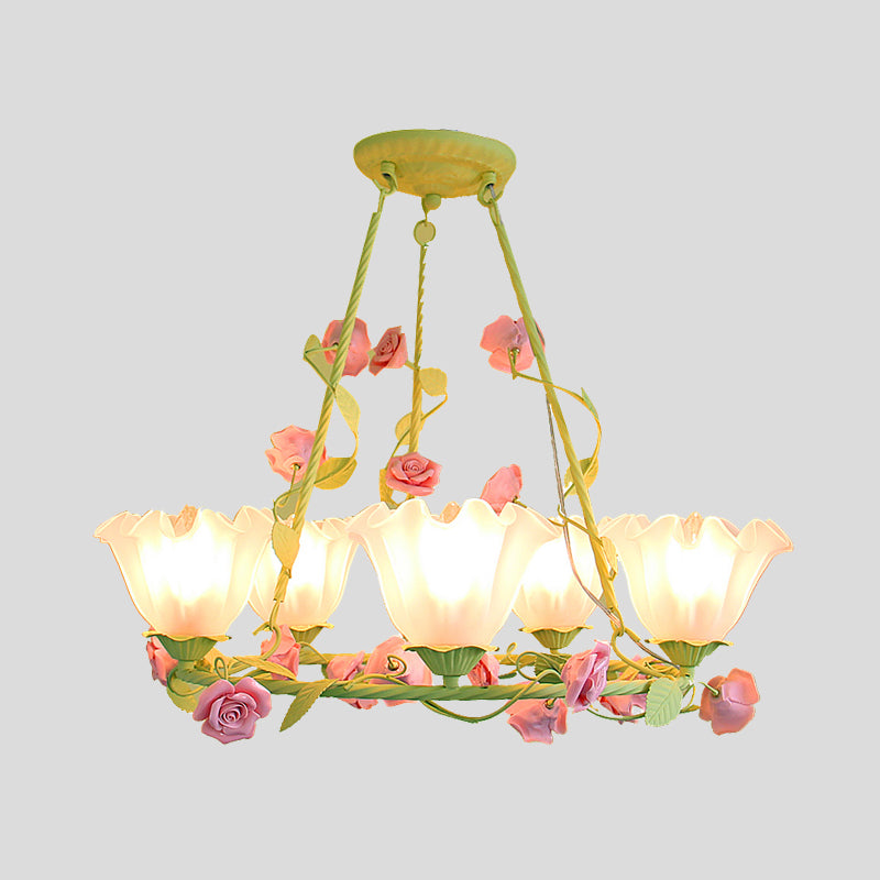 Korean Garden Opal Glass Chandelier - Scalloped Design 5 Lights Bedroom Ceiling Lamp In Pink/Yellow