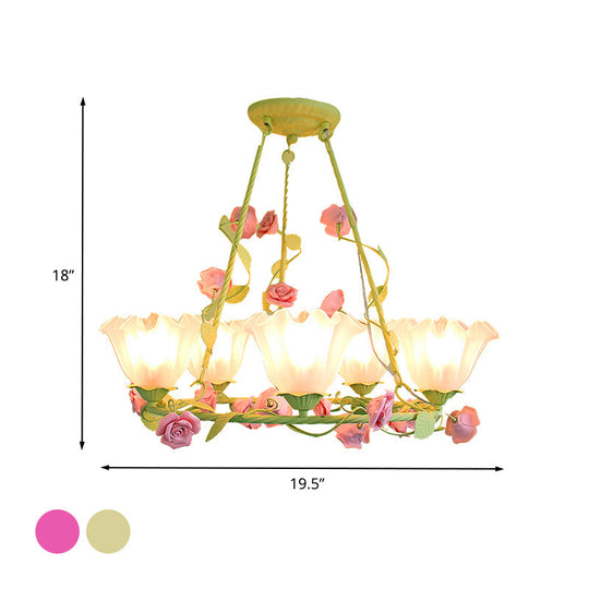 Korean Garden Opal Glass Chandelier - Scalloped Design 5 Lights Bedroom Ceiling Lamp In Pink/Yellow