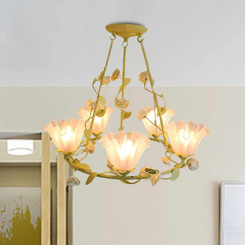 Korean Garden Opal Glass Chandelier - Scalloped Design 5 Lights Bedroom Ceiling Lamp In Pink/Yellow