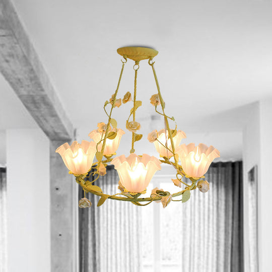 Korean Garden Opal Glass Chandelier - Scalloped Design 5 Lights Bedroom Ceiling Lamp In Pink/Yellow