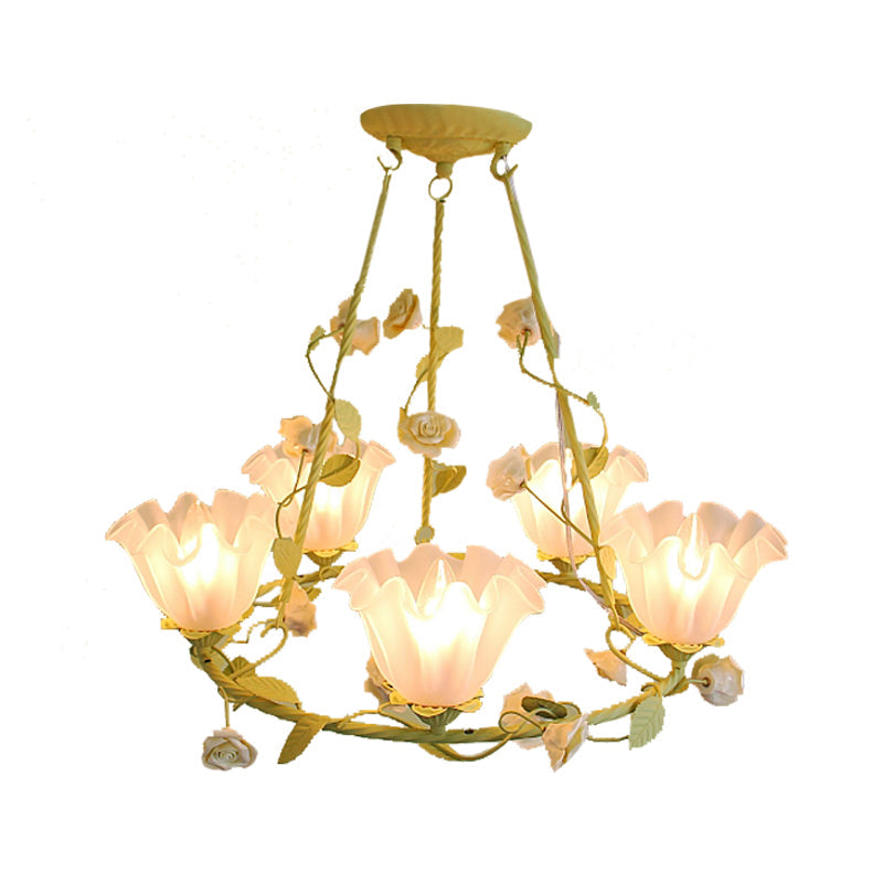 Korean Garden Opal Glass Chandelier - Scalloped Design 5 Lights Bedroom Ceiling Lamp In Pink/Yellow