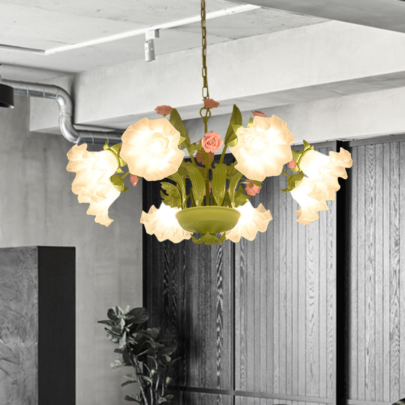 Korean Garden Rose Chandelier With Cream Glass Pendant Light In Green - 6/8 Bulbs Ideal For