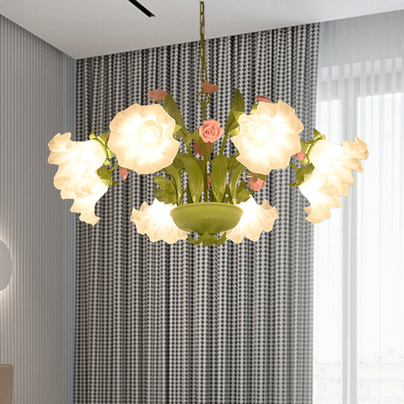 Korean Garden Rose Chandelier With Cream Glass Pendant Light In Green - 6/8 Bulbs Ideal For