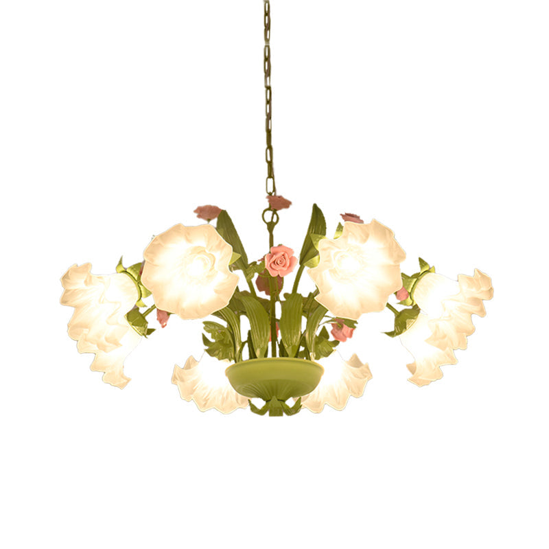 Korean Garden Rose Chandelier With Cream Glass Pendant Light In Green - 6/8 Bulbs Ideal For