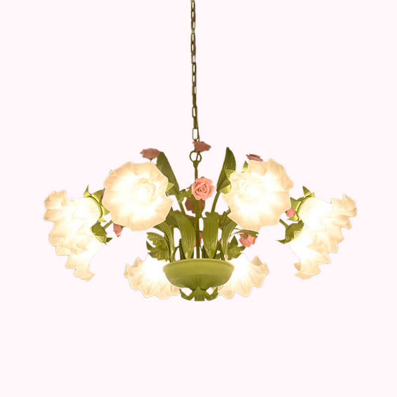 Korean Garden Rose Chandelier With Cream Glass Pendant Light In Green - 6/8 Bulbs Ideal For