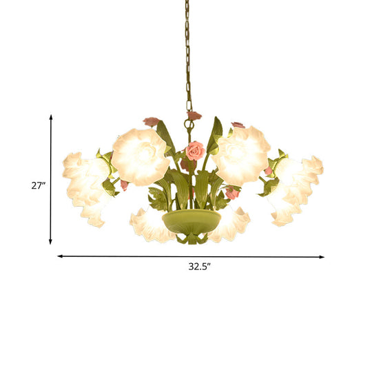 Korean Garden Rose Chandelier With Cream Glass Pendant Light In Green - 6/8 Bulbs Ideal For