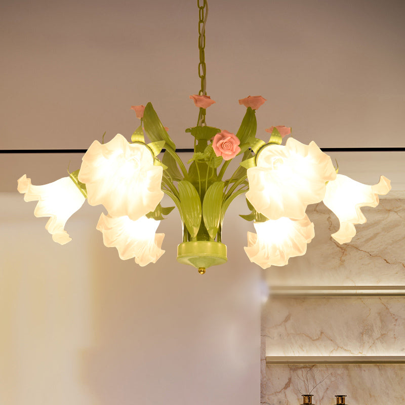 Korean Garden Rose Chandelier With Cream Glass Pendant Light In Green - 6/8 Bulbs Ideal For