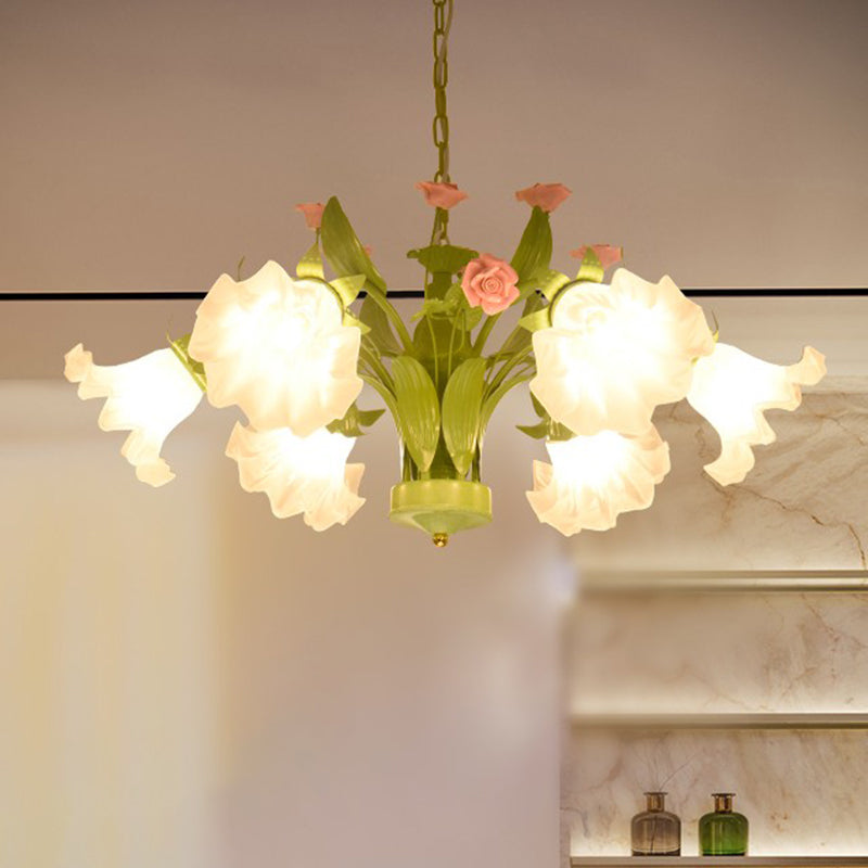 Korean Garden Rose Chandelier With Cream Glass Pendant Light In Green - 6/8 Bulbs Ideal For