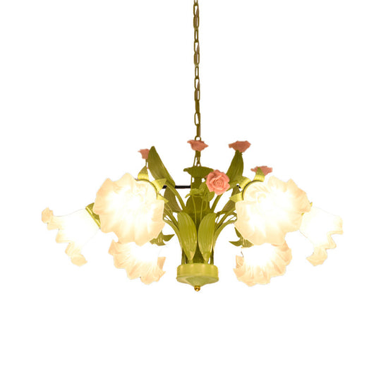 Korean Garden Rose Chandelier With Cream Glass Pendant Light In Green - 6/8 Bulbs Ideal For