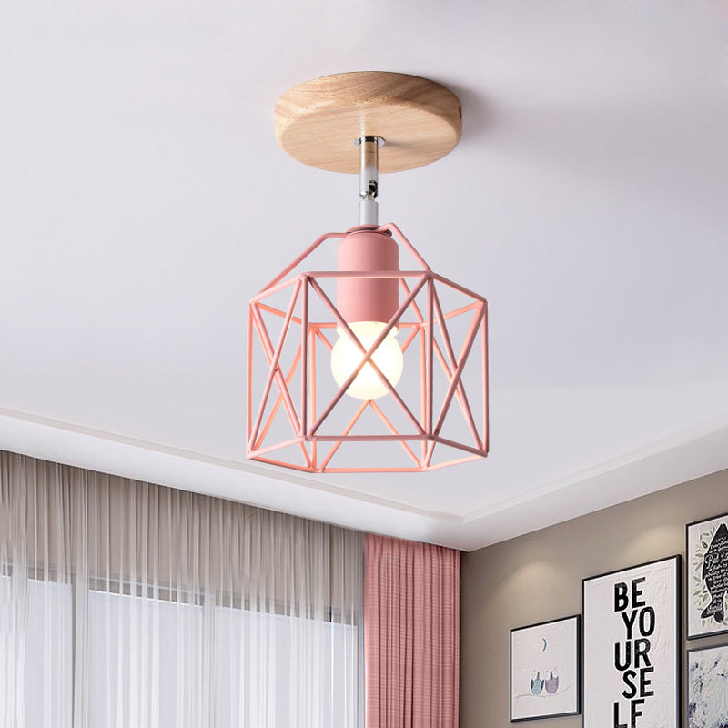 Modern Metal Hexagon Ceiling Light - Gray/White/Pink/Yellow/Blue/Green - Semi Flush Mount for Bedroom