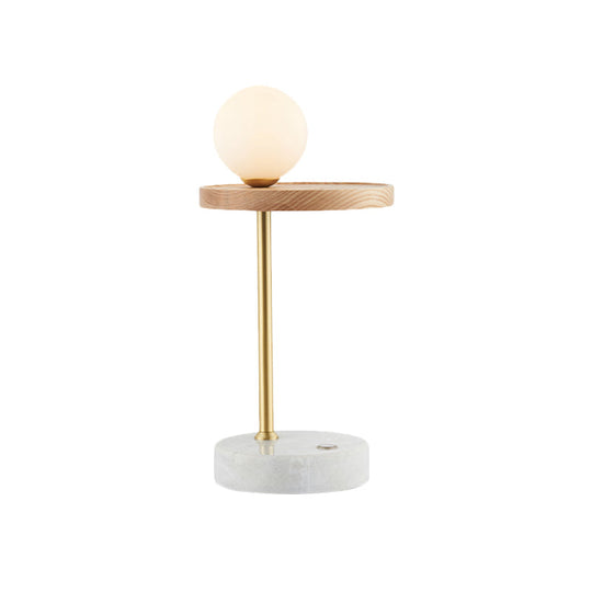 Opal Glass Asian Nightstand Lamp With Wood Sphere Design - Perfect For Living Room