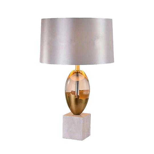 Modern Grey Fabric Drum Desk Light With White Marble Base - 1 Head Night Table Lamp