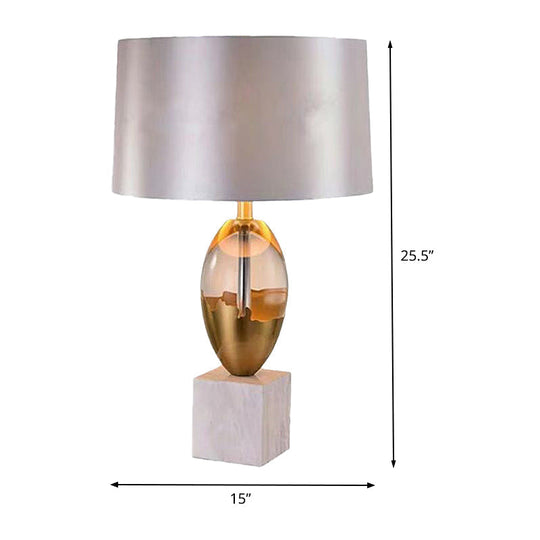 Modern Grey Fabric Drum Desk Light With White Marble Base - 1 Head Night Table Lamp