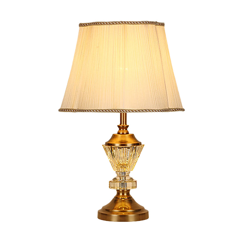 Modern Beige Flared Crystal Desk Light With Fabric Shade: 1-Bulb Night Table Lamp For Living Room