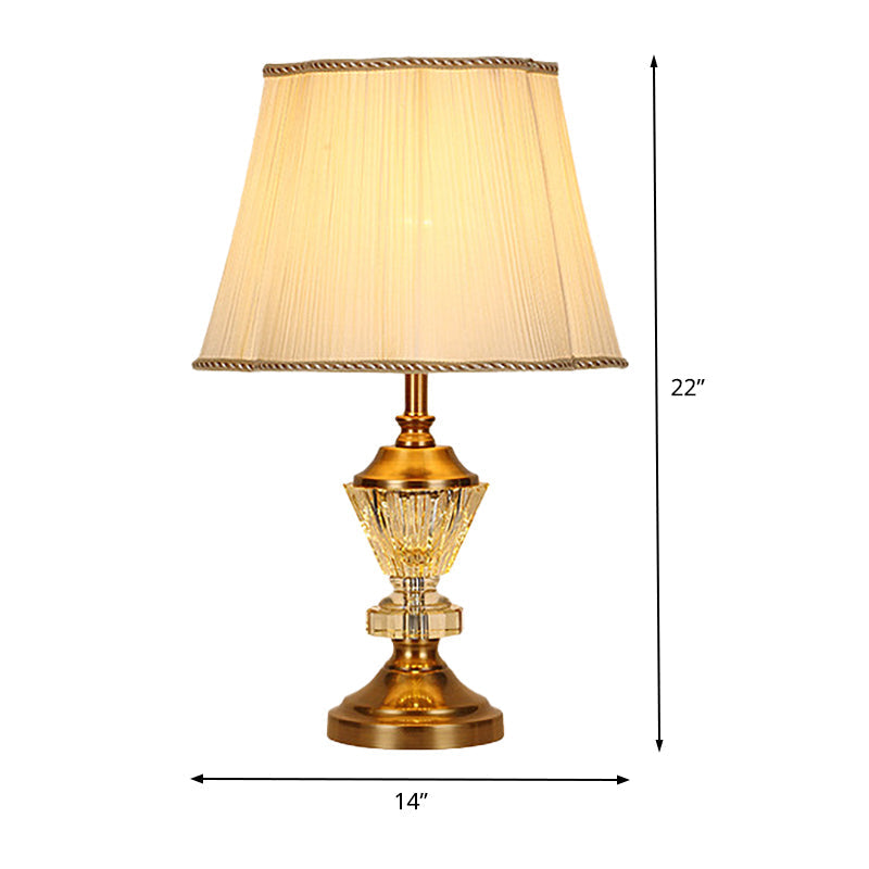 Modern Beige Flared Crystal Desk Light With Fabric Shade: 1-Bulb Night Table Lamp For Living Room