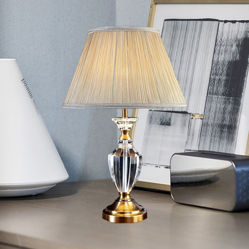 Modern Beige Urn Desk Lamp With Beveled Crystal Table Light And Fabric Shade