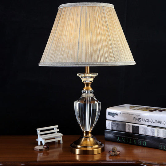 Modern Beige Urn Desk Lamp With Beveled Crystal Table Light And Fabric Shade