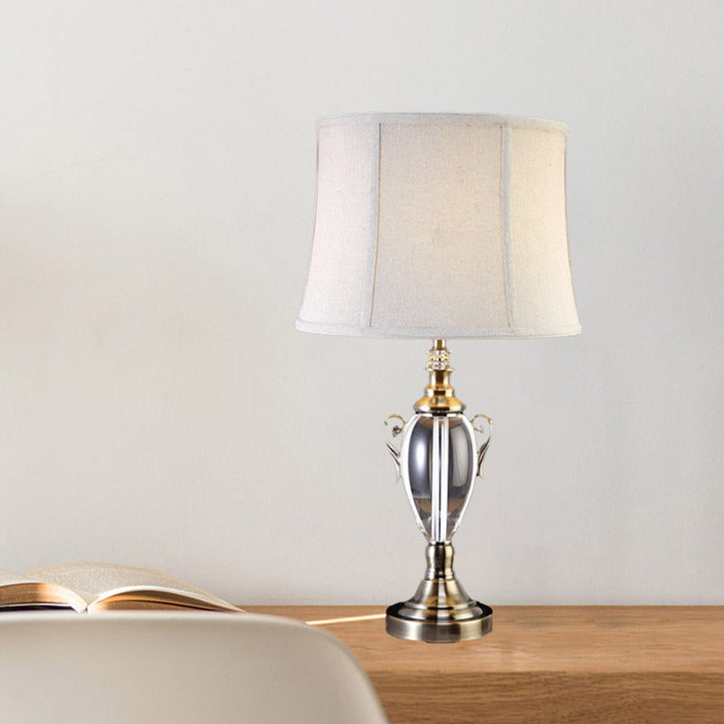 Modern Grey Barrel Shade Table Lamp For Living Room - Small Desk Light With Fabric & 1 Bulb