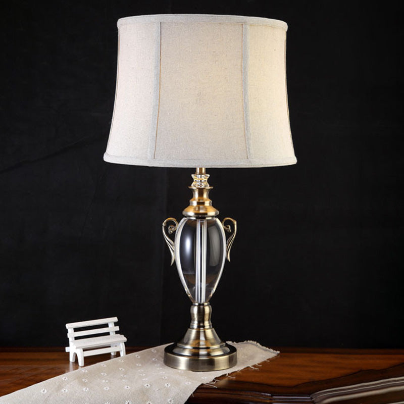 Modern Grey Barrel Shade Table Lamp For Living Room - Small Desk Light With Fabric & 1 Bulb