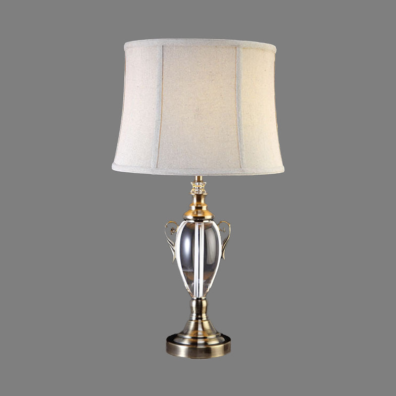 Modern Grey Barrel Shade Table Lamp For Living Room - Small Desk Light With Fabric & 1 Bulb