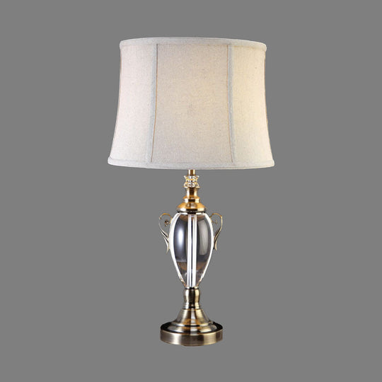 Modern Grey Barrel Shade Table Lamp For Living Room - Small Desk Light With Fabric & 1 Bulb