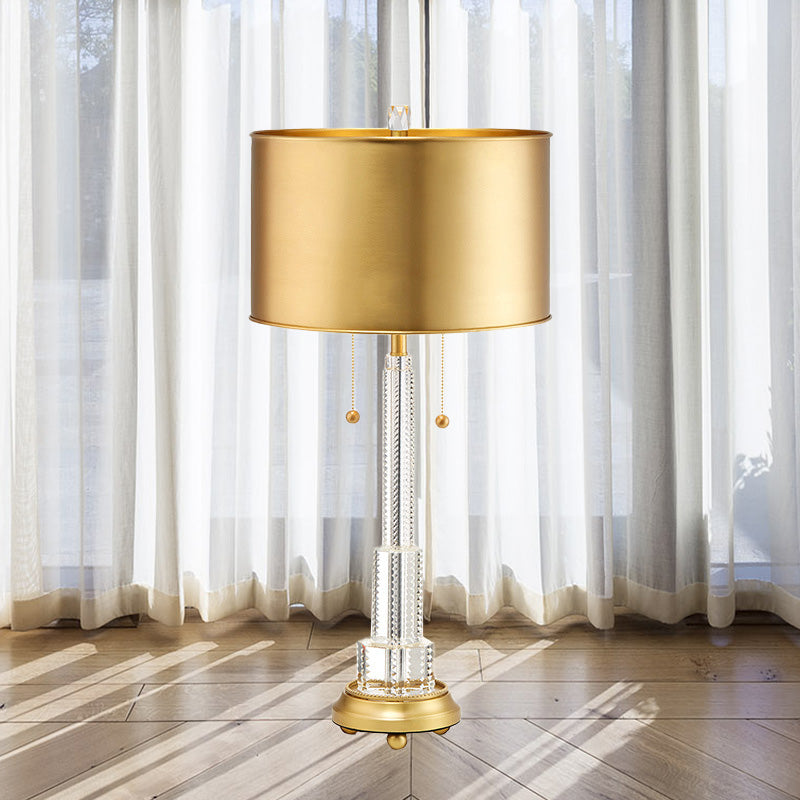 Modernist Cylinder Metal Task Lighting: 2-Bulb Gold Reading Lamp With Pull Chain