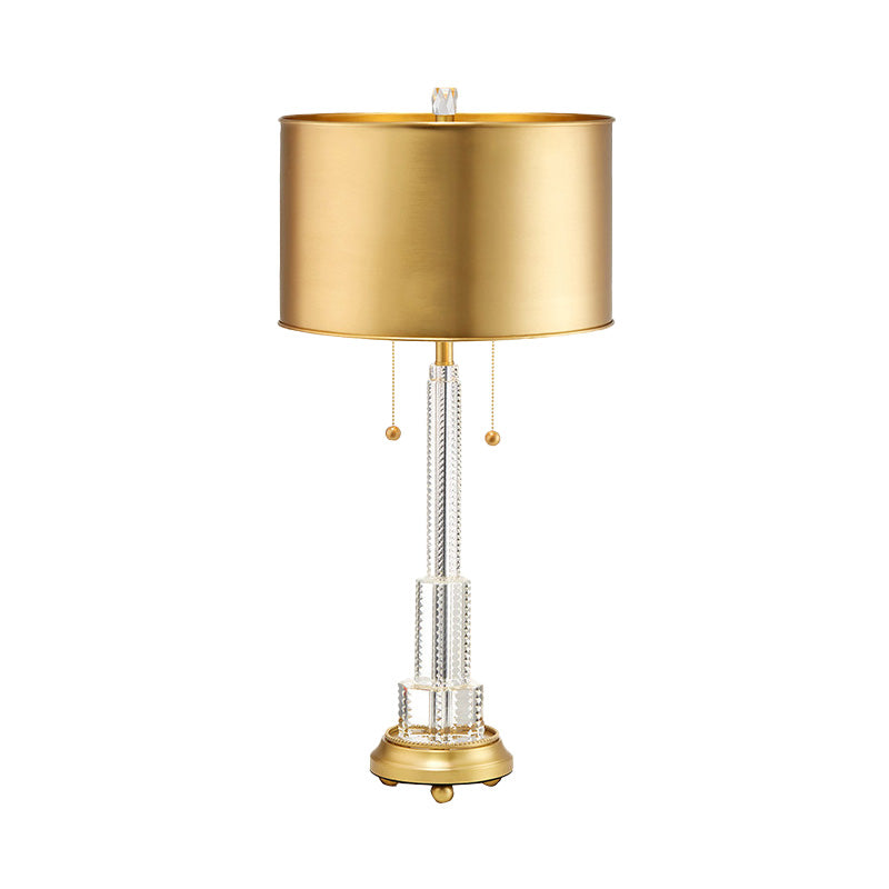 Modernist Cylinder Metal Task Lighting: 2-Bulb Gold Reading Lamp With Pull Chain