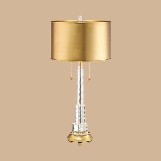 Modernist Cylinder Metal Task Lighting: 2-Bulb Gold Reading Lamp With Pull Chain