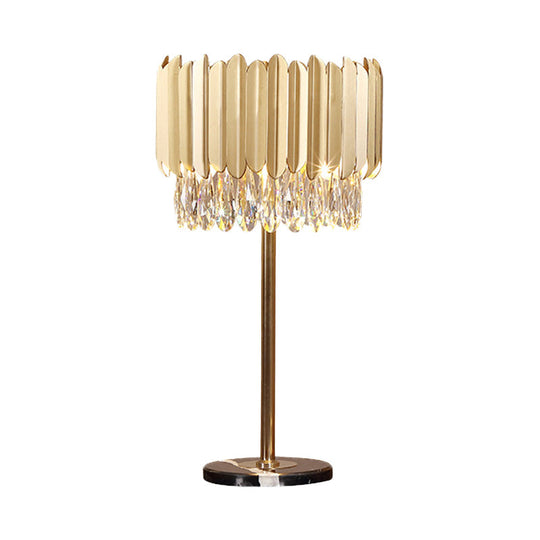 Modern Gold Cylindrical Table Lamp With Faceted Crystal - Small Desk Light 1 Head