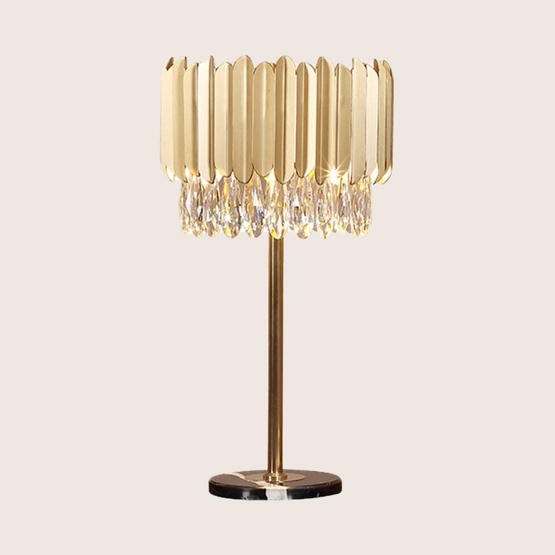 Modern Gold Cylindrical Table Lamp With Faceted Crystal - Small Desk Light 1 Head