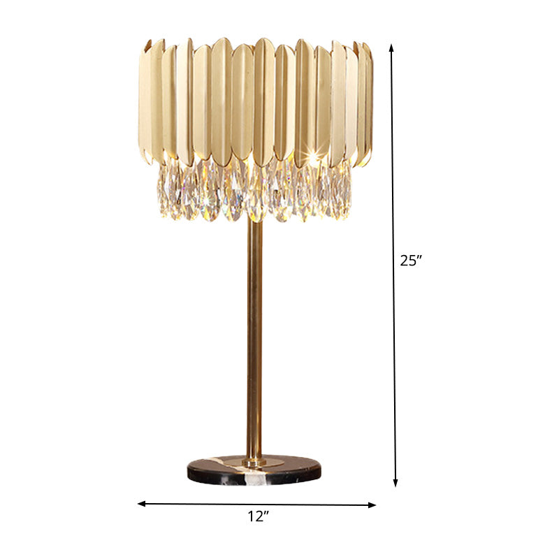 Modern Gold Cylindrical Table Lamp With Faceted Crystal - Small Desk Light 1 Head