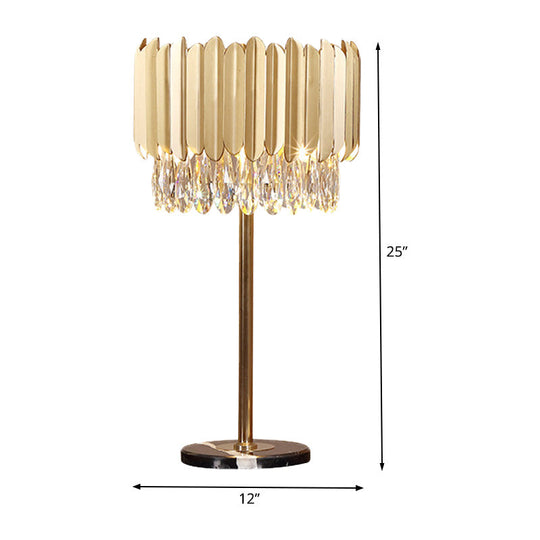 Modern Gold Cylindrical Table Lamp With Faceted Crystal - Small Desk Light 1 Head