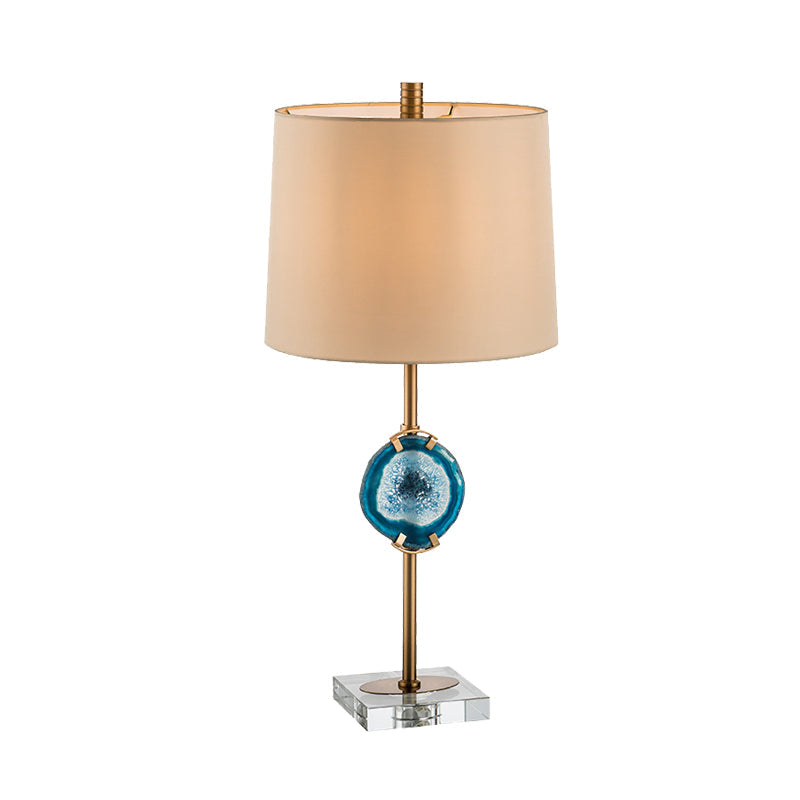 Modern Blue Night Table Lamp With Barrel Fabric Shade - Head Living Room Desk Light