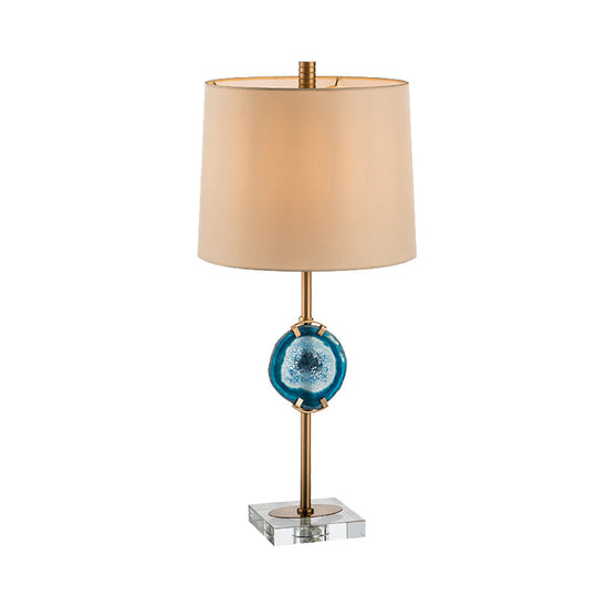 Modern Blue Night Table Lamp With Barrel Fabric Shade - Head Living Room Desk Light