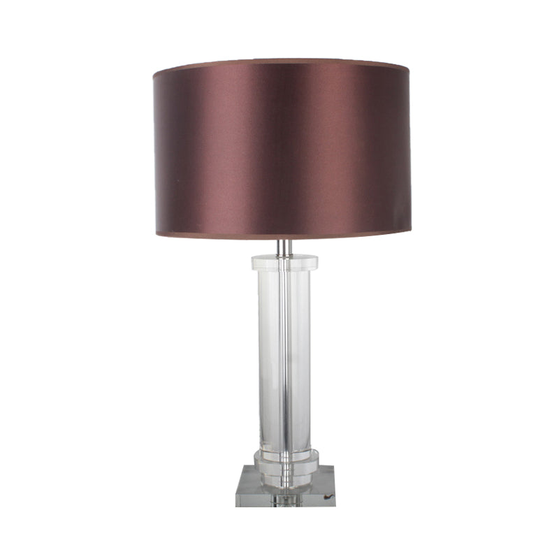 Modern Brown Small Desk Lamp With Fabric Shade - 1-Bulb Cylindrical Task Lighting