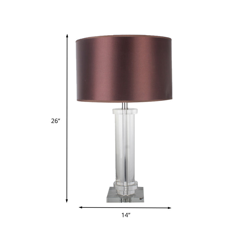 Modern Brown Small Desk Lamp With Fabric Shade - 1-Bulb Cylindrical Task Lighting