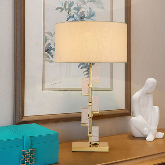 Crystal Table Lamp - White Drum Shade Simplicity Design Bedside Desk Light With Fabric