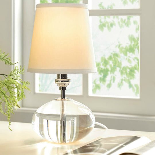 White Oblong Fabric Table Lamp With Clear Crystal Accent - Simple And Elegant Desk Lighting