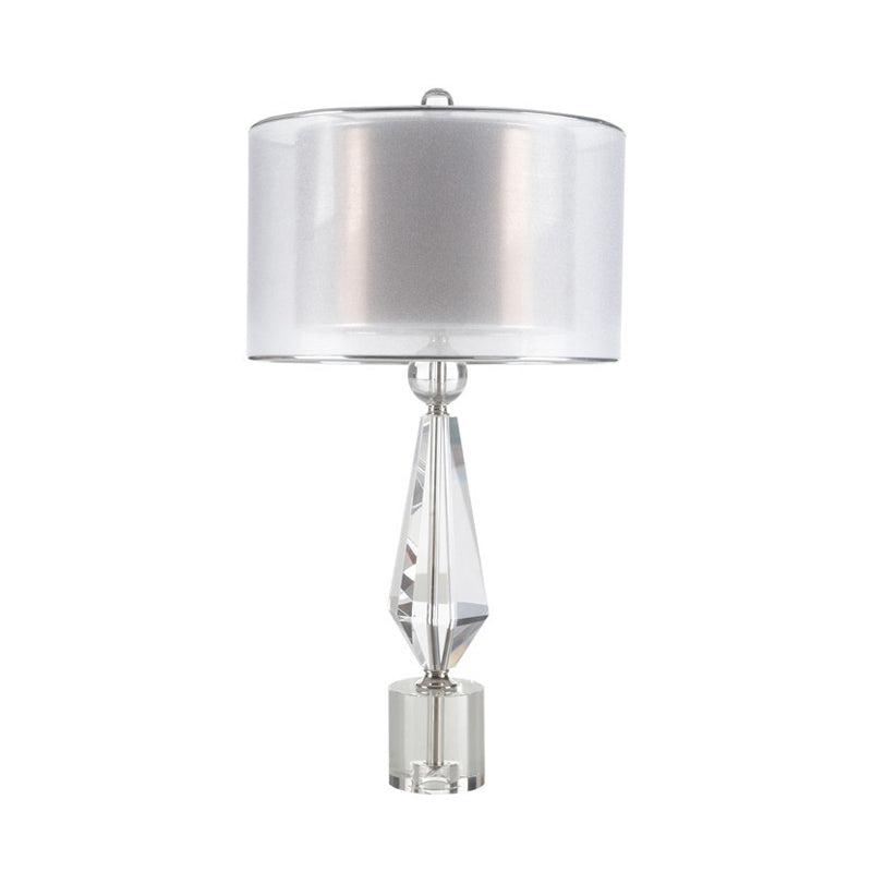 Modernist White Fabric Desk Light With Crystal Base - 1 Bulb Night Table Lamp