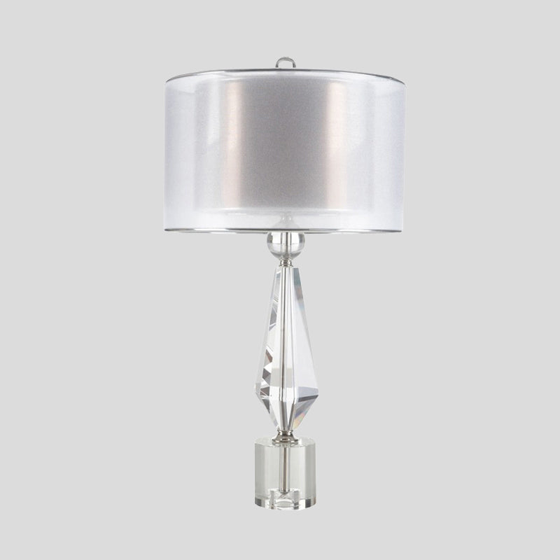 Modernist White Fabric Desk Light With Crystal Base - 1 Bulb Night Table Lamp