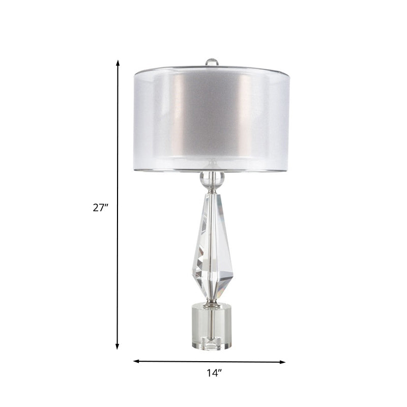 Modernist White Fabric Desk Light With Crystal Base - 1 Bulb Night Table Lamp