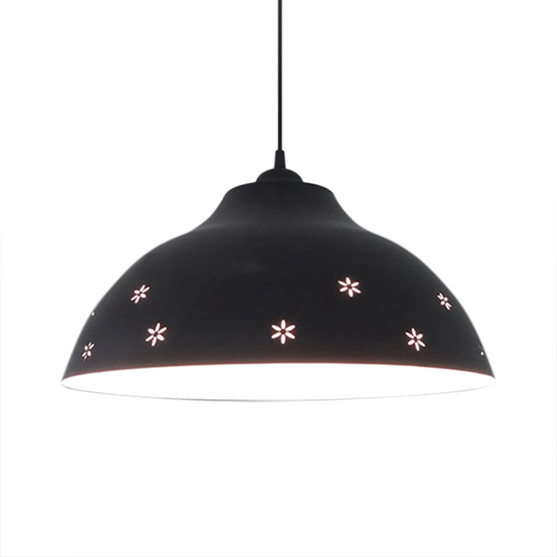 Retro Style Flower Pattern Pendant Light with Adjustable Cord - Black/White Metal Dome Bulb Suspension