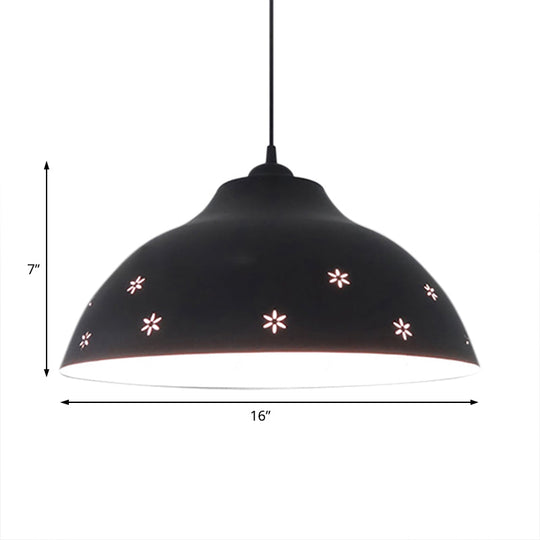 Retro Style Flower Pattern Pendant Light with Adjustable Cord - Black/White Metal Dome Bulb Suspension