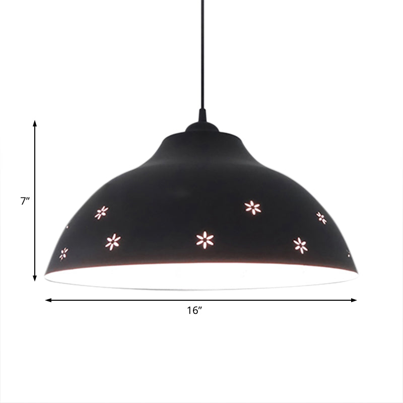 Vintage Dome Pendant Lighting: Retro Black/White Metal Suspension Light With Flower Pattern &