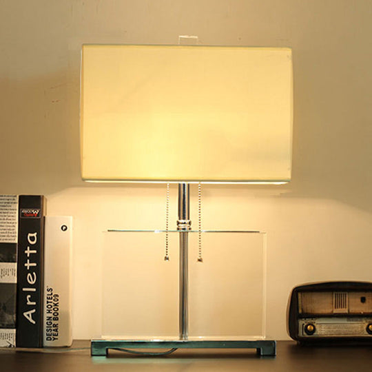 Modern Shaded Desk Light: White Table Lamp With Pull Chain - 10.5/13 Wide Fabric Shade Dual Bulb