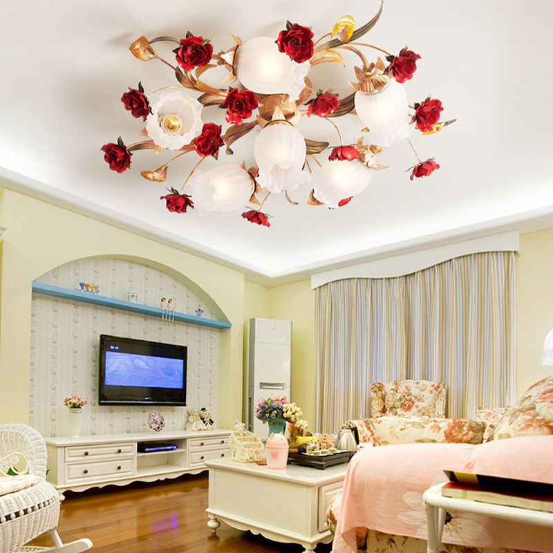 Romantic Pastoral Blossom Bedroom Semi Flush Mount Ceiling Lamp - 3/6 Lights, Coffee Metal Design