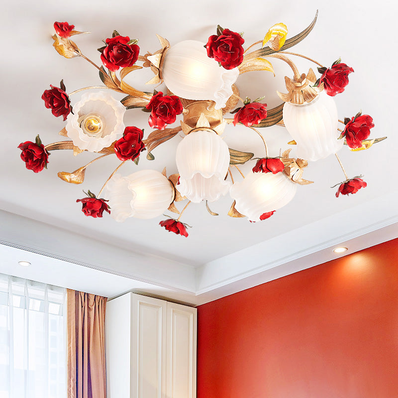 Romantic Pastoral Blossom Bedroom Semi Flush Mount Ceiling Lamp - 3/6 Lights Coffee Metal Design