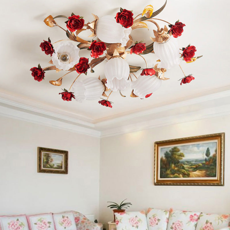 Romantic Pastoral Blossom Bedroom Semi Flush Mount Ceiling Lamp - 3/6 Lights Coffee Metal Design