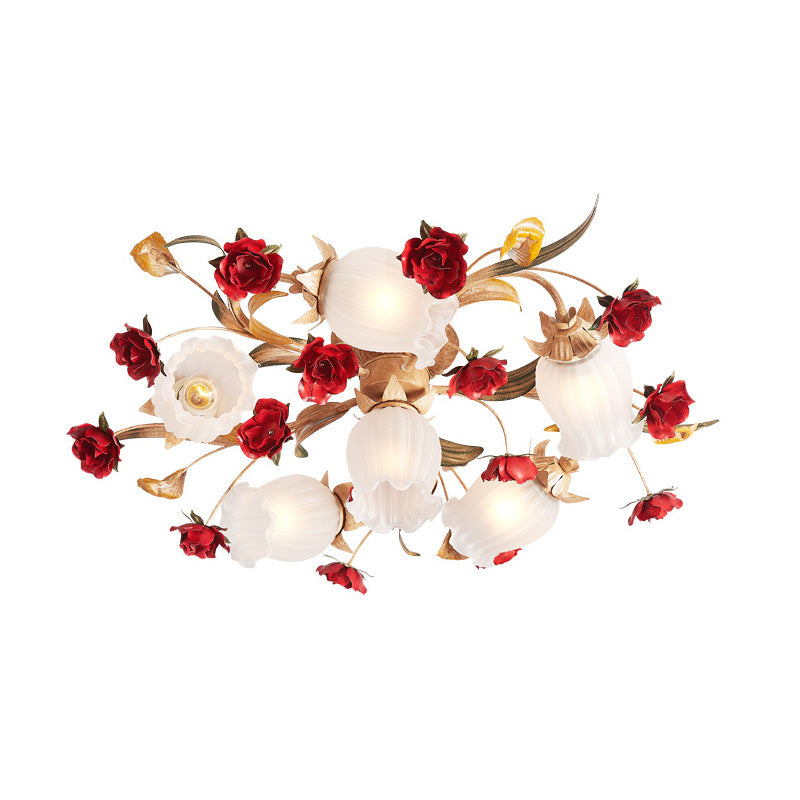 Romantic Pastoral Blossom Bedroom Semi Flush Mount Ceiling Lamp - 3/6 Lights Coffee Metal Design