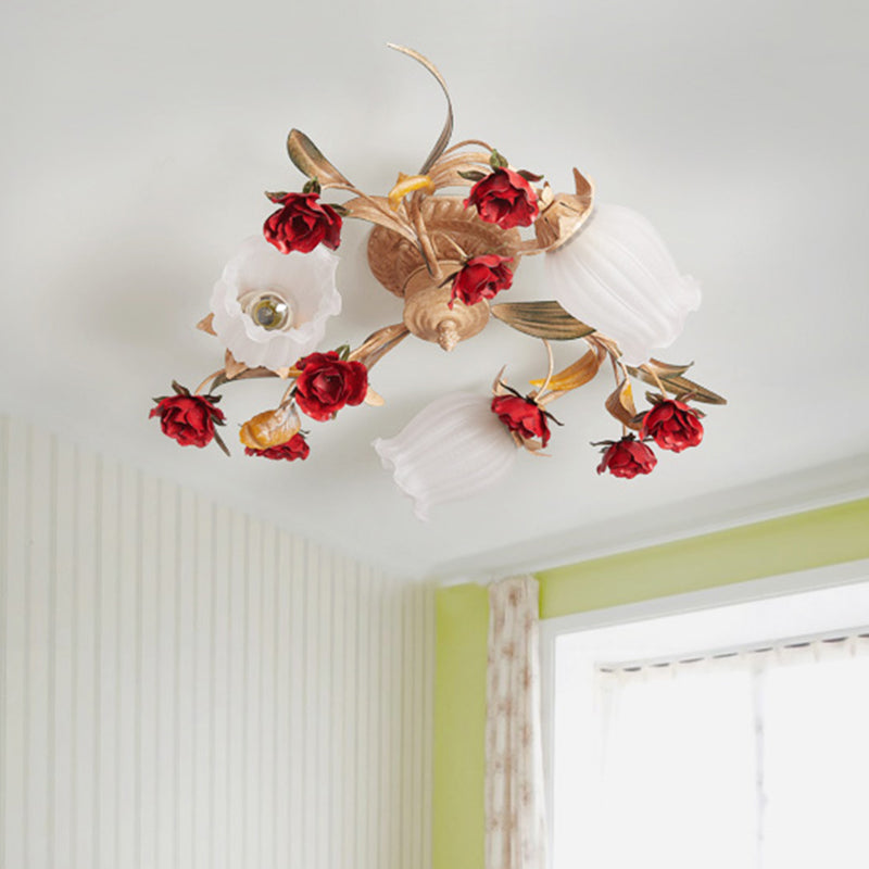 Romantic Pastoral Blossom Bedroom Semi Flush Mount Ceiling Lamp - 3/6 Lights Coffee Metal Design